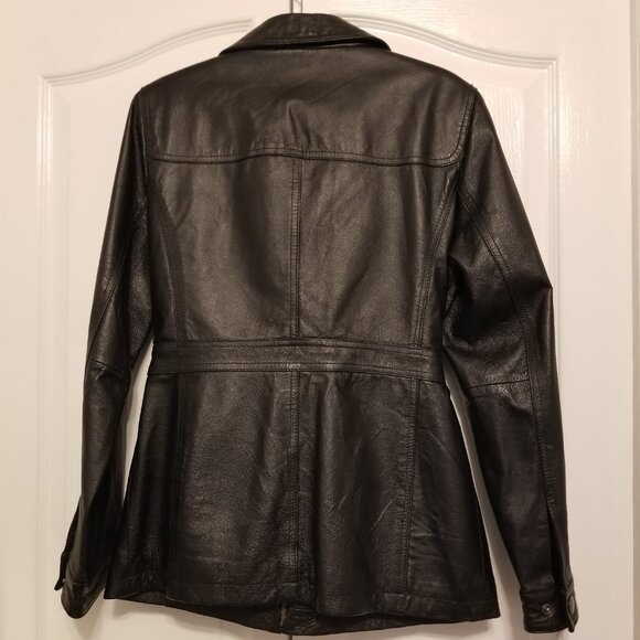 Genuine Leather Jacket Black with Waist Tie Collared Medium East 5th Vintage - Picture 4 of 15